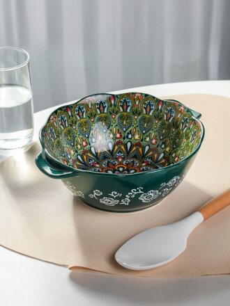 Салатник керамика, 1.2 л, 24х20 см, Самарканд, Y4-9770, зеленый
