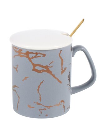 Кружка фарфор, 380 мл, Серый Мрамор, с ложкой, 1760174-1