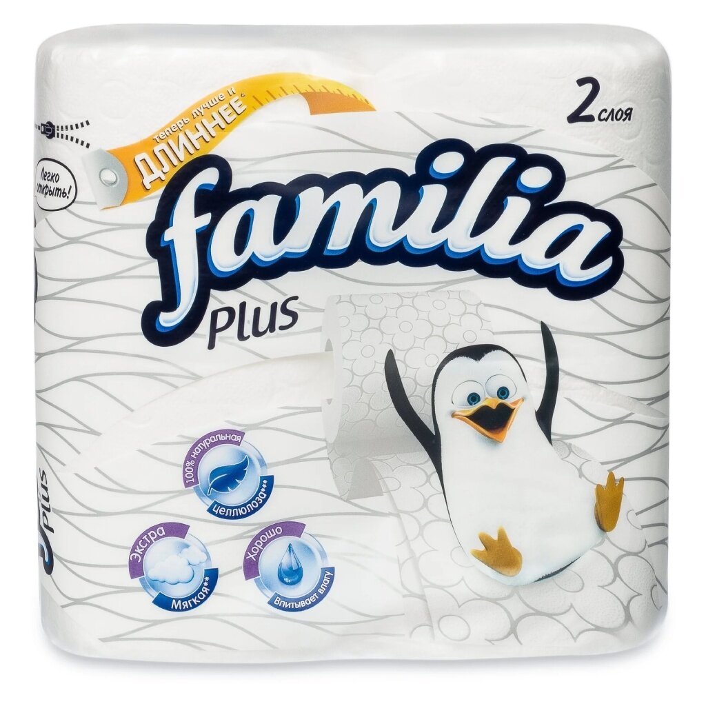 Туалетная бумага Familia, Plus, 2 слоя, 4 шт, с втулкой, белая туалетная бумага familia plus 2 слоя 4 шт с втулкой белая