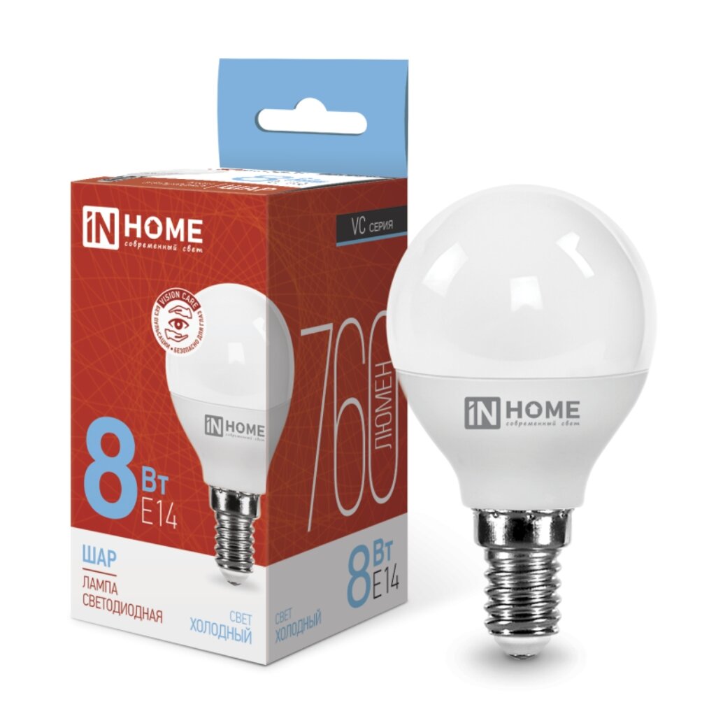 Лампа светодиодная E14, 8 Вт, 75 Вт, 230 В, шар, 6500 К, свет холодный белый, In Home, LED-ШАР-VC