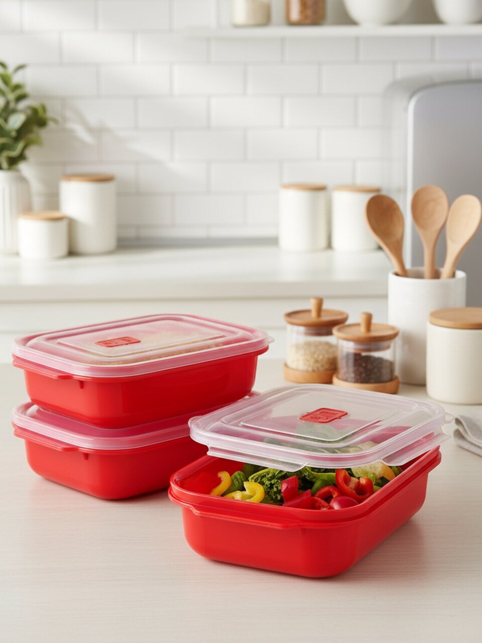 Контейнер пищевой пластик, 1.3 л, 22.5х15.5х6.5 см, 3 шт, красный, прямоугольный, с клапаном, DDStyle, 31244