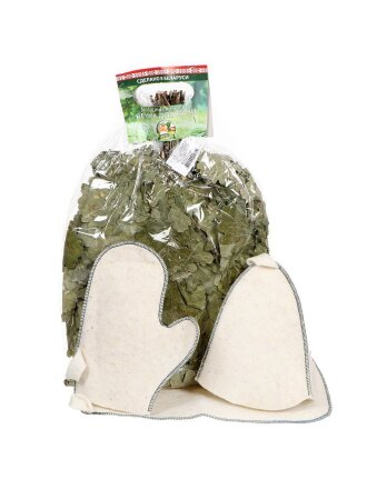 Набор для бани 4 предмета, веник, шапка, коврик, рукавица, Народный, 18014