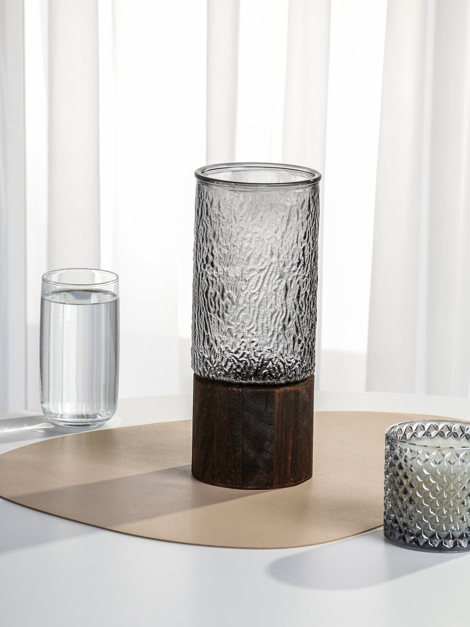 Ваза стекло, настольная, 26х10 см, Лофт, Y4-11069, цилиндр, мозаика, с подставкая, серая
