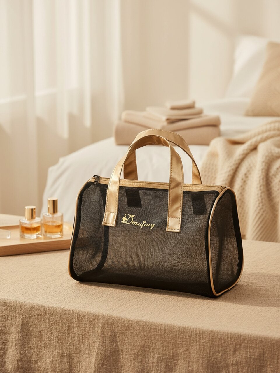 Косметичка 27х15х19 см, черно-золот, A080081, с ручками, молния