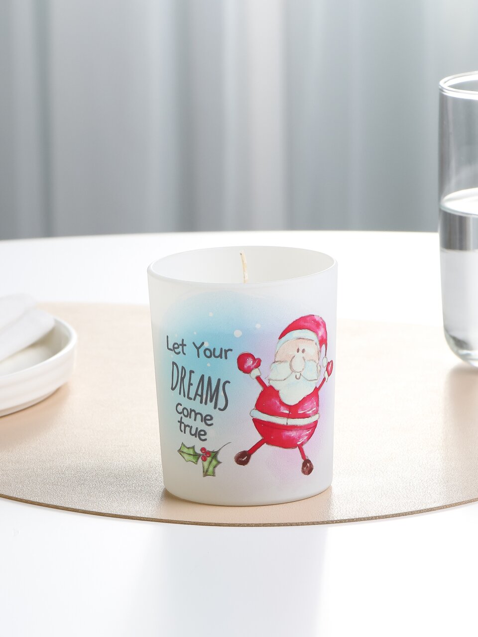 Свеча декоративная, 9.3х7.7 см, Веселый санта, парафин, в стеклянном подсвечнике, с декором, 35 1623 1021