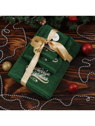 Набор полотенец 3 шт, 30х50 см, 50х90 см, 70х130 см, 100% хлопок, Silvano, Счастливого Рождества!, зеленый, Турция