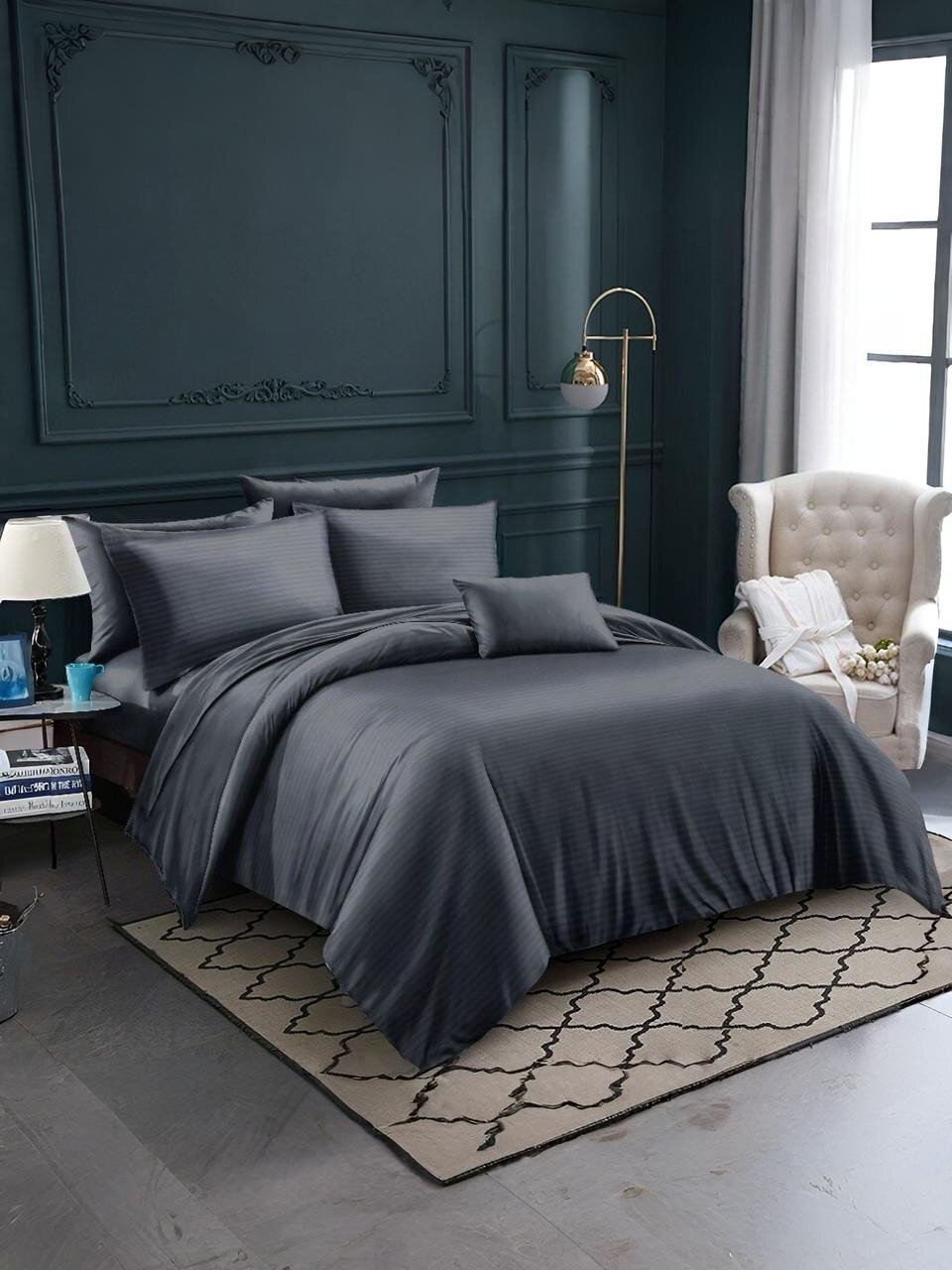 Постельное белье 1.5-спальное, простыня 150х220 см, 2 наволочки 70х70 см, пододеяльник 145х215 см, Майская ночь, страйп-полисатин, серое, 11/005-PSS/MAY