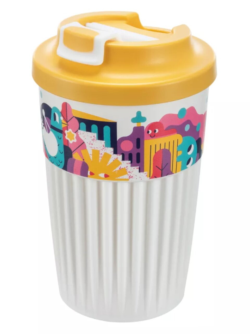 Стакан 450 мл, пластик, Бытпласт, Phibo, городские фантазии, с клапаном, белый, 433277316