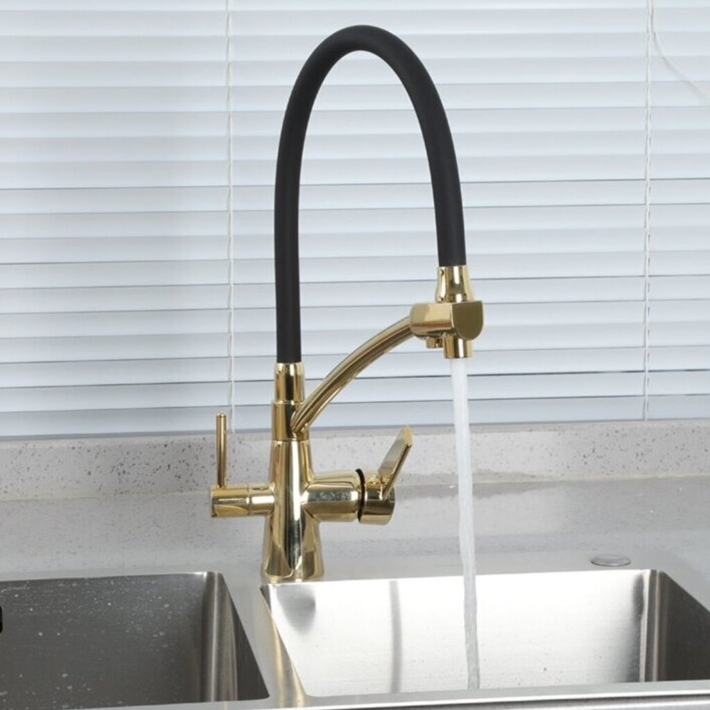 Смеситель для кухни, Gappo, гибкий излив, с картриджем, с подключением к фильтру, черный/золото, G4398-13 душевая система для ванны gappo короткий излив с картриджем g2495 96