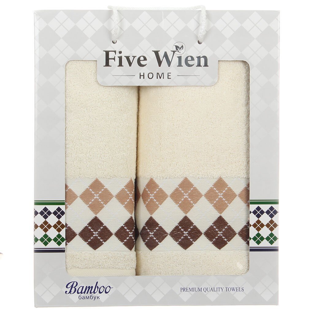 т Набор полотенец 2пр 50*90, 70*140см Бамбук Оксфорд кремовый ромбики по бордюру + под. уп.