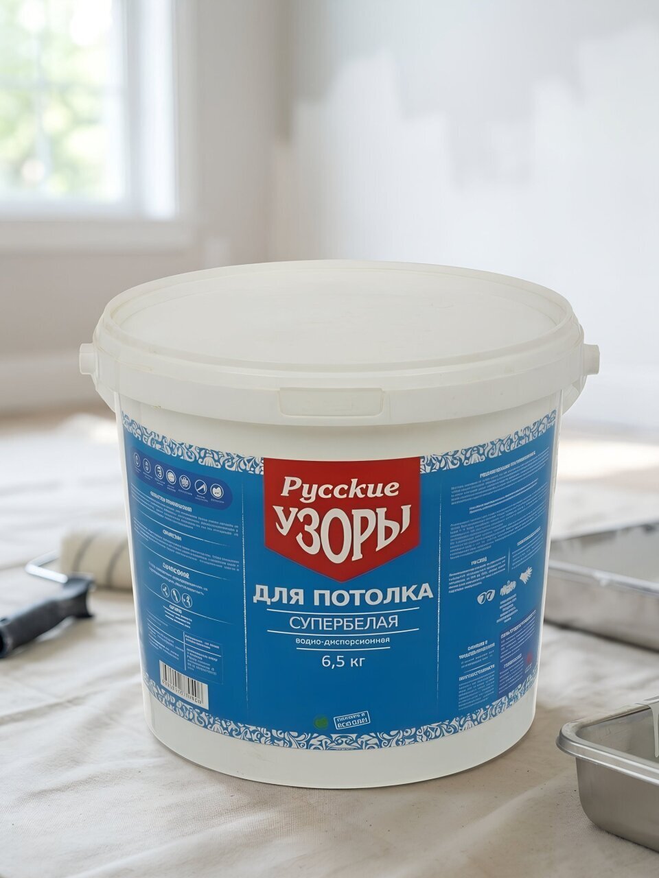 Краска водно-дисперсионная, Русские узоры, для потолков, матовая, супербелая, 6.5 кг