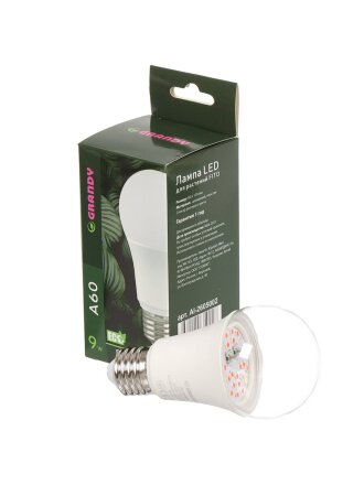 Лампочка светодиодная для растений, E27, 9 Вт, 220 В, IP40, A60, 60х118 мм, Grandy, FITO, AI-2605002