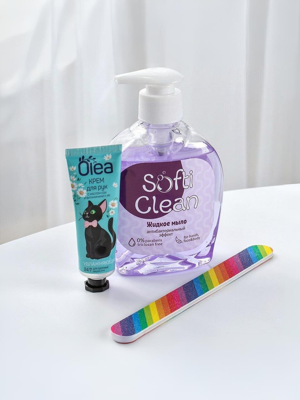 Набор для женщин, мыло жидкое Softi Clean, 300 мл + крем для рук, Olea, 30 мл + пилка маникюрная