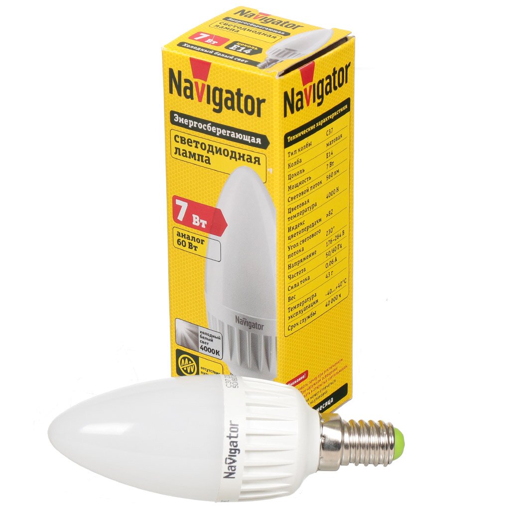 Лампа светодиодная E14, 7 Вт, 60 Вт, свеча, 4000 К, свет холодный белый, Navigator лампа светодиодная e27 7 5 вт 60 вт свеча 4000 к свет нейтральный белый rexant cn