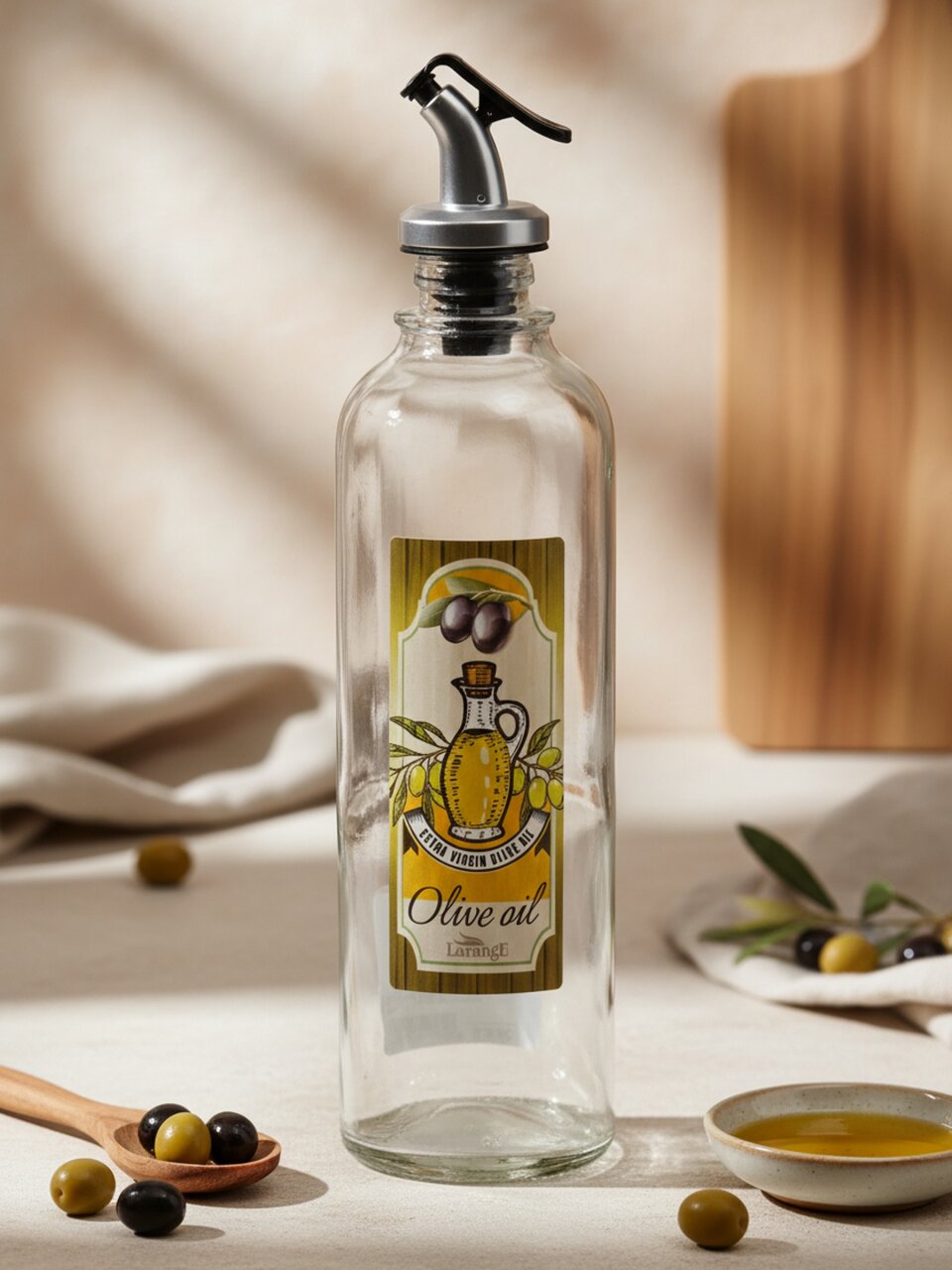 Бутылка для масла, стекло, 500 мл, с пластиковым дозатором, прозрачная, Olive oil, 02020-00515