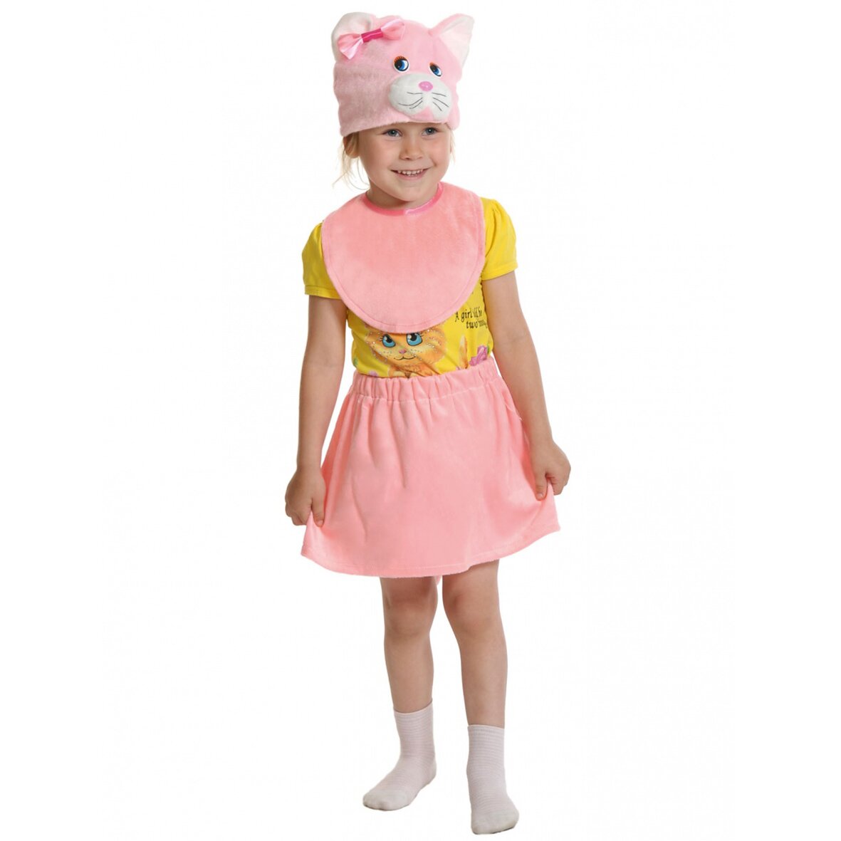 Карнавальный костюм Кошечка, шапочка, манишка, юбка, плюш, 3-5 лет, розовый, рост 92-116, 389129