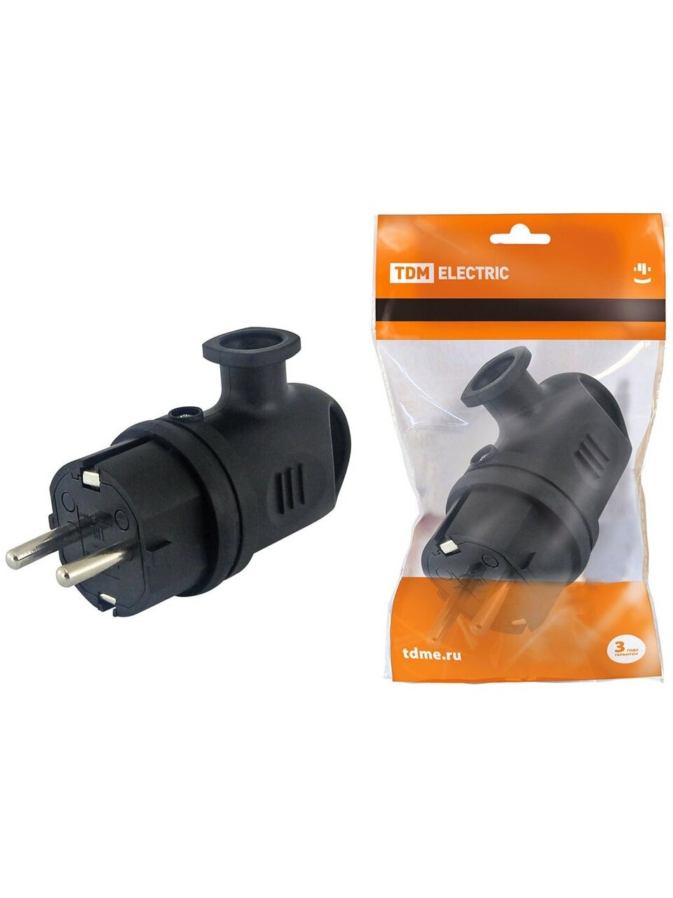 Вилка угловая, 16 А, IP44, 250 В, 2Р+РЕ, каучук, с ушком, TDM Electric, SQ0612-0004