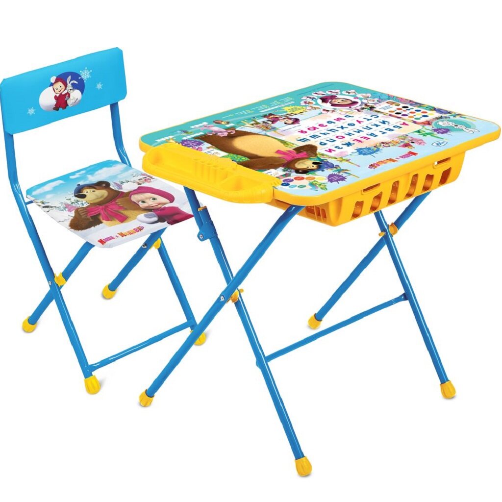 Мебель детская Nika, стол+большой пенал+стул мягкая, Азбука Маша и медведь, металл, пластик, с подножкой, голубая, КУ2П/2