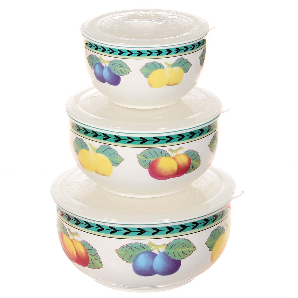 Набор салатников Wellberg WB-49302 3шт 10см,13см,15,5см с крышками фарф овощи