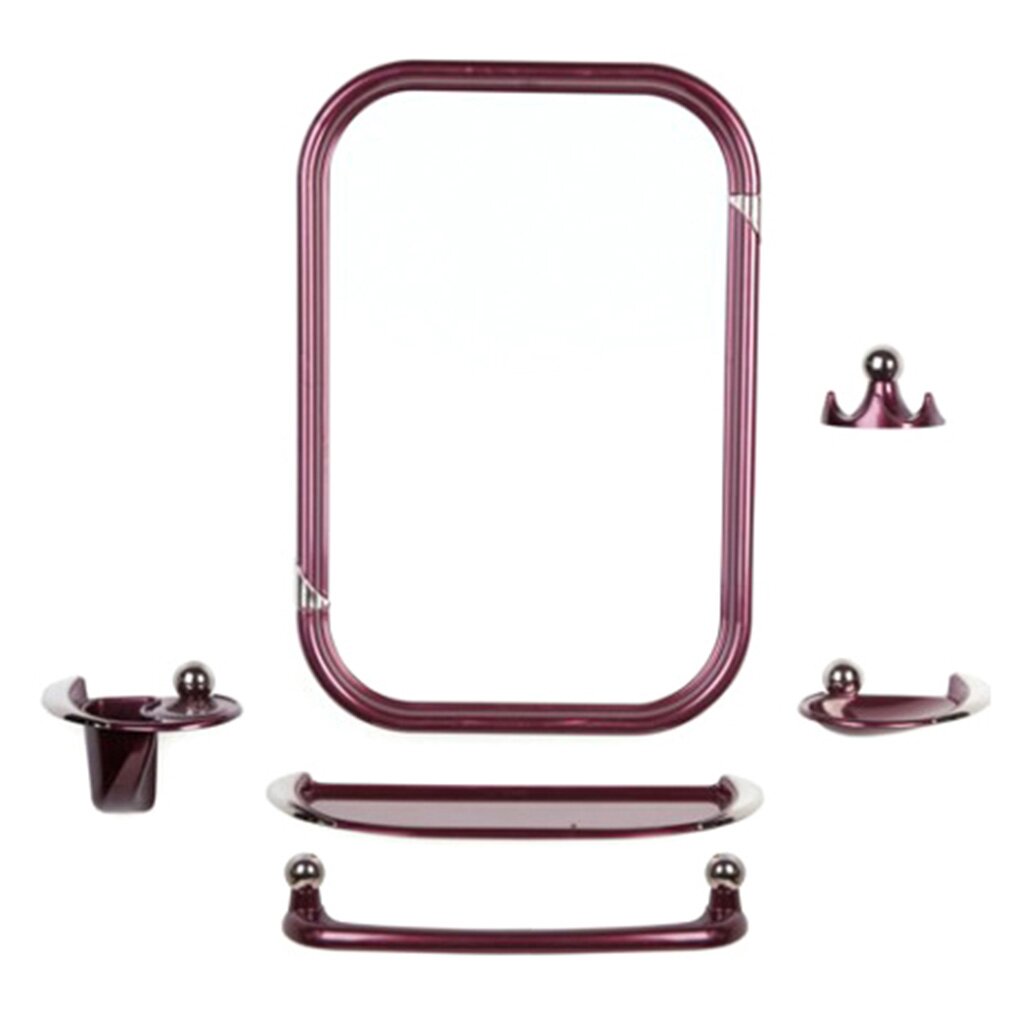 Набор для ванной зеркало, 6 предметов с металлическими накладками, 37.9х55.1 см, прямоугольный, рубиновый перламутр, с полочкой, Berossi, Вива стиль, HB 10415000
