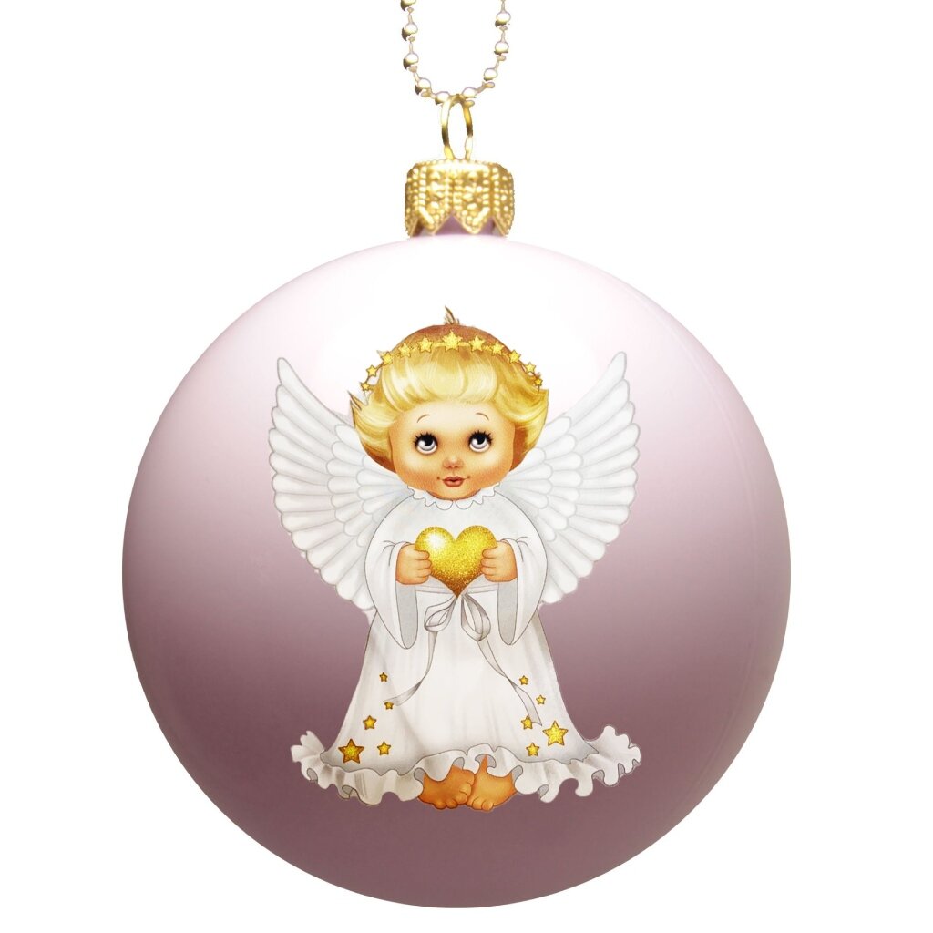 Елочный шар Ангелочек с сердечком, 8 см, стекло, КУ-80-214102