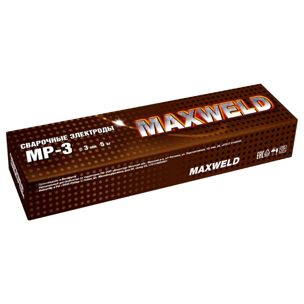 Электроды Maxweld, МР-3, 3х350 мм, 5 кг, картонная коробка, сталь электроды maxweld цл 11 3х350 мм 1 кг картонная коробка
