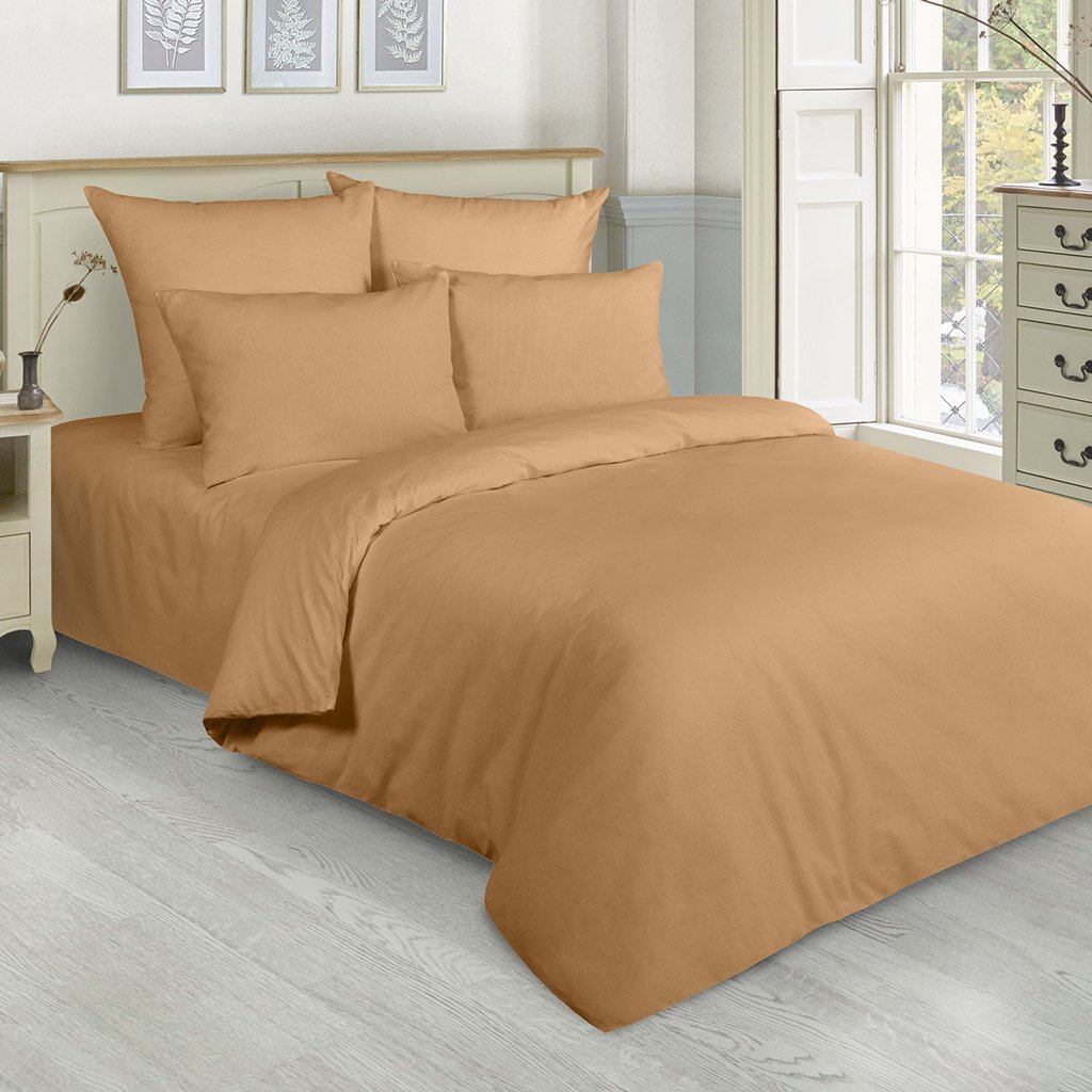 Постельное белье Satin's 1.5-спальное микрофибра (простыня 150х215 см, 2 наволочки 70х70 см, пододеяльник 145х215 см) Жатка капучино однотонный