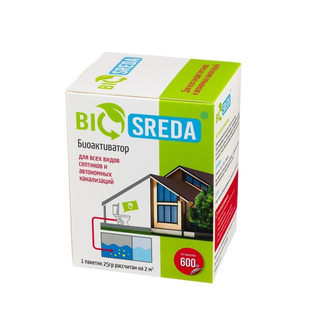 Биоактиватор для септиков и автономных канализаций, Biosreda, 600 г, 24 пакетика, 4610069880015 биоактиватор для септиков expel 8 таблеток