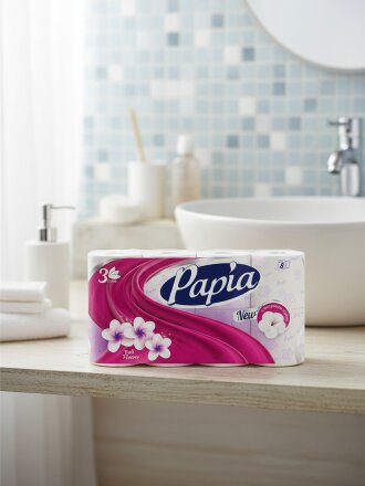 Туалетная бумага Papia, Балийский цветок, 3 слоя, 8 шт, 18.8 м, с втулкой