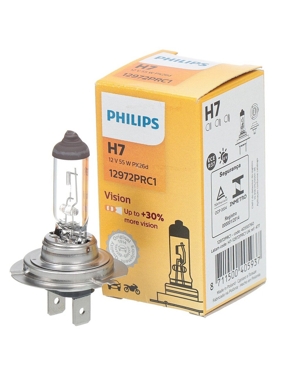 Лампа автомобильная Philips, Vision Premium Н7, 12972PRC1, 12v 55w, +30%