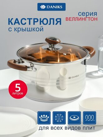 Кастрюля нержавеющая сталь, 5 л, крышка стекло, Daniks, Веллингтон, GS-01415-22CA, индукция