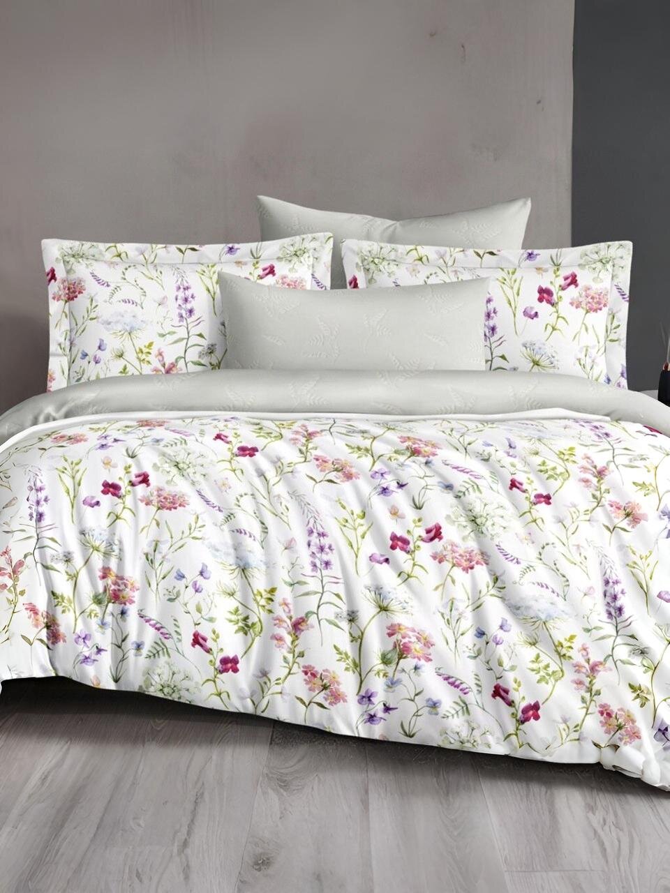 Постельное белье 2-спальное, простыня 200х220 см, 2 наволочки 50х70 см, пододеяльник 175х215 см, Silvano, сатин люкс, Цветы Серые 22/026-SLC/SLV