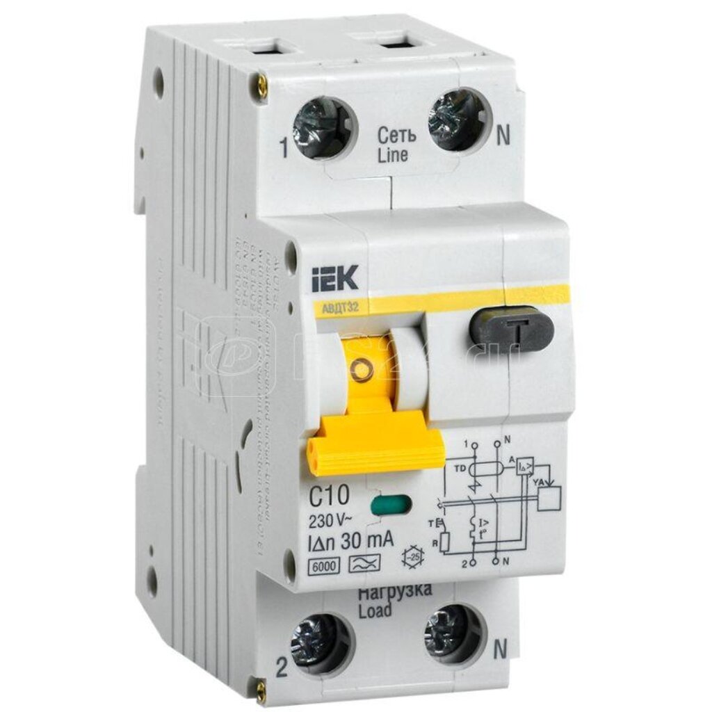 Автоматический выключатель на DIN-рейку, IEK, АВДТ 32 C10, 2 полюса, 10, 6 кА, 400 В, 30 мА, MAD22-5-010-C-30