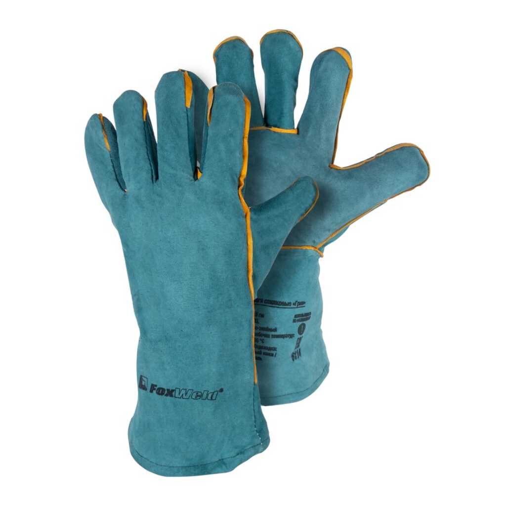 Перчатки-краги спилковые, синяя основа, Грин, FoxWeld перчатки краги спилковые синяя основа грин foxweld