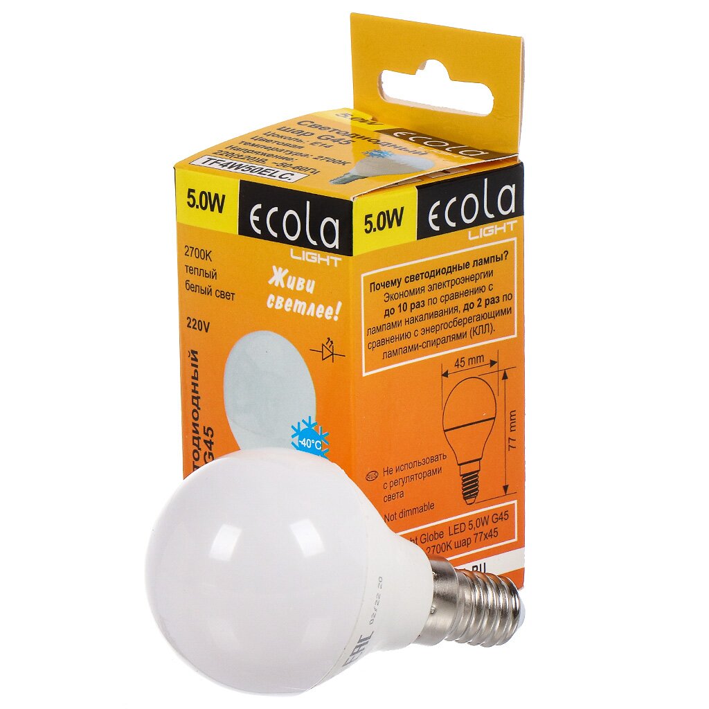 Лампа светодиодная E14, 5 Вт, 40 Вт, 220 В, шар, 2700 К, свет теплый белый, Ecola, G45, LED переходник ecola вилка патрон e14 60 х 83 мм с выключателем белый