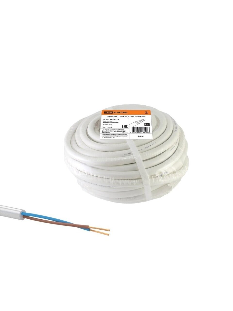 Кабель ПВС, 2х0.75 мм², 20 м, медь, гибкий, ГОСТ, белый, TDM Electric, SQ0118-0017