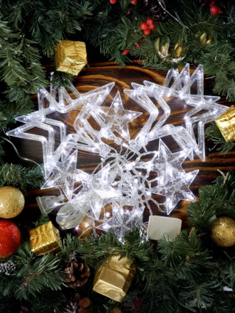 Гирлянда 120 ламп, 3.3 м, 8 режимов, Занавес, холодный белый свет, прозрачная, в помещении, сетевая, 12 звезд