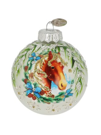 Елочный шар Лошадка снежная, 8 см, стекло, КУ-80-254011