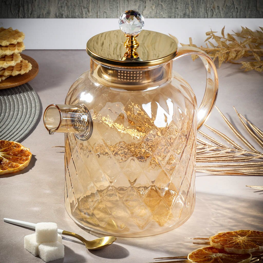 Чайник заварочный стекло, 1.8 л, с ситечком, Мед, Y6-10118 ваза колба металл стекло золотой 14 7 см