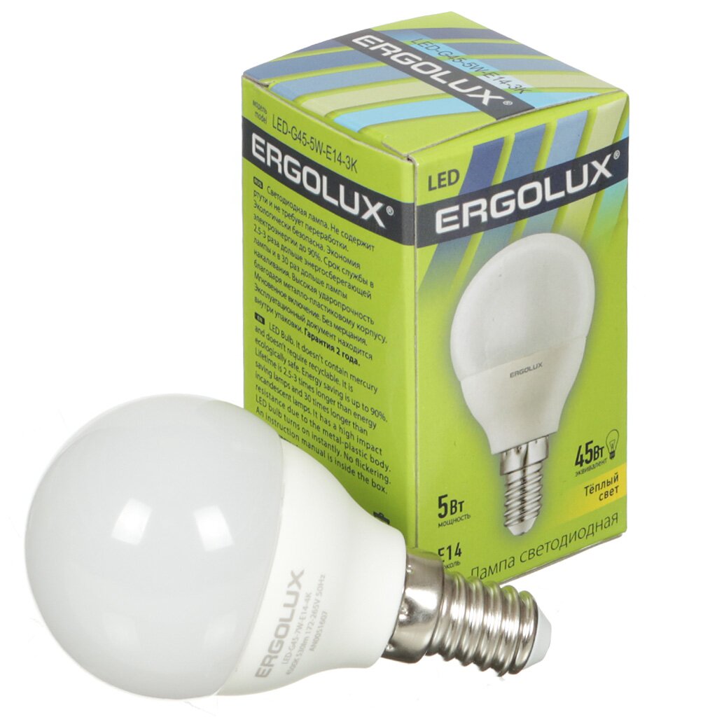 Лампа светодиодная E14, 5 Вт, 45 Вт, шар, 3000 К, свет теплый белый, Ergolux