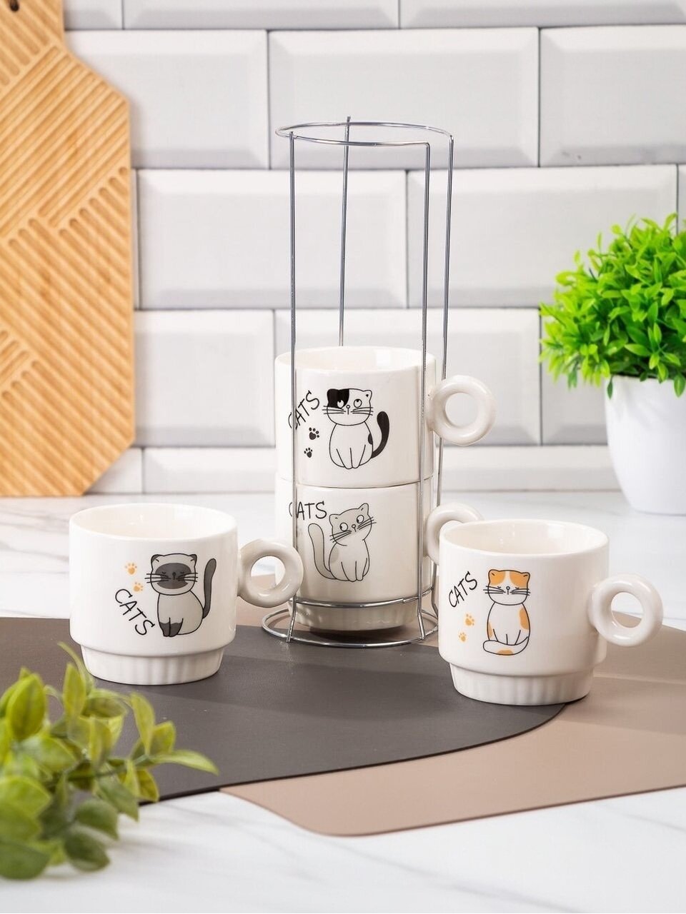 Набор кружек керамика, 4 шт, 250 мл, Зверушки, на металлической подставке, Y4-9004, металл