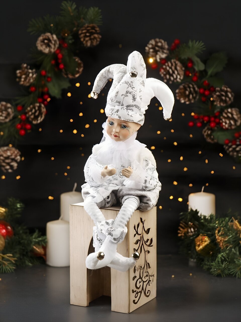 Фигурка декоративная Шут, 45 см, заводная, серебряная, Y4-8443