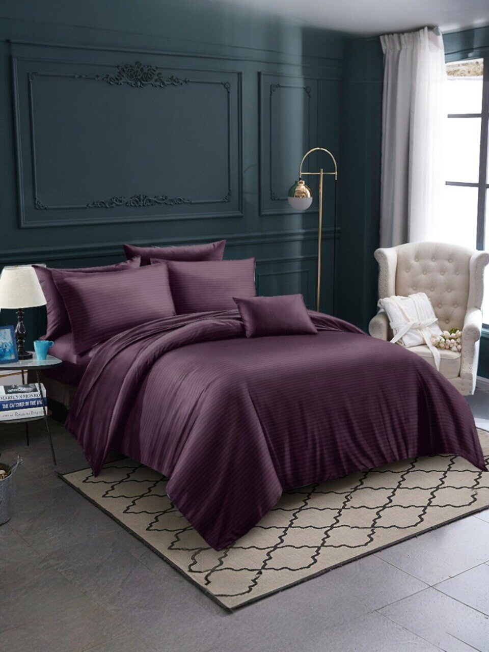 Постельное белье евро, простыня 220х240 см, 2 наволочки 70х70 см, пододеяльник 200х220 см, Майская ночь, страйп-полисатин, фиолетовое, 30/007-PSS/MAY