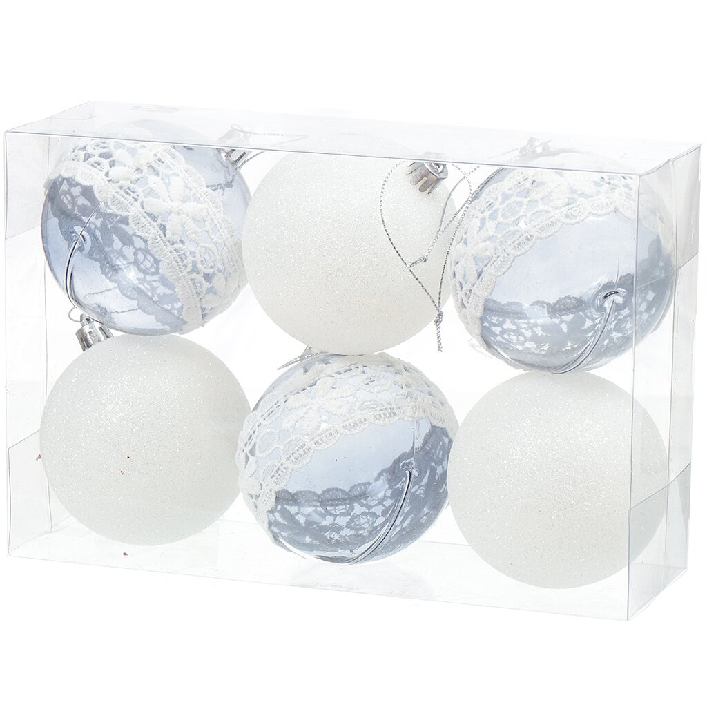 Елочный шар 6 шт, серый, белый, 8 см, пластик, SYCBF817-126