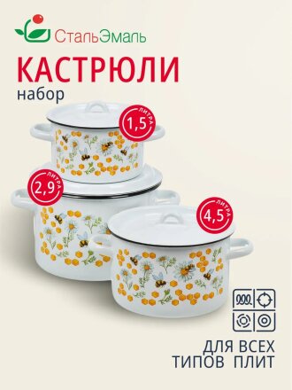Набор посуды эмалированная сталь, 3 предмета, кастрюли 1.5, 2.9, 4.5 л, индукция, СтальЭмаль, Пчелы, 1с33