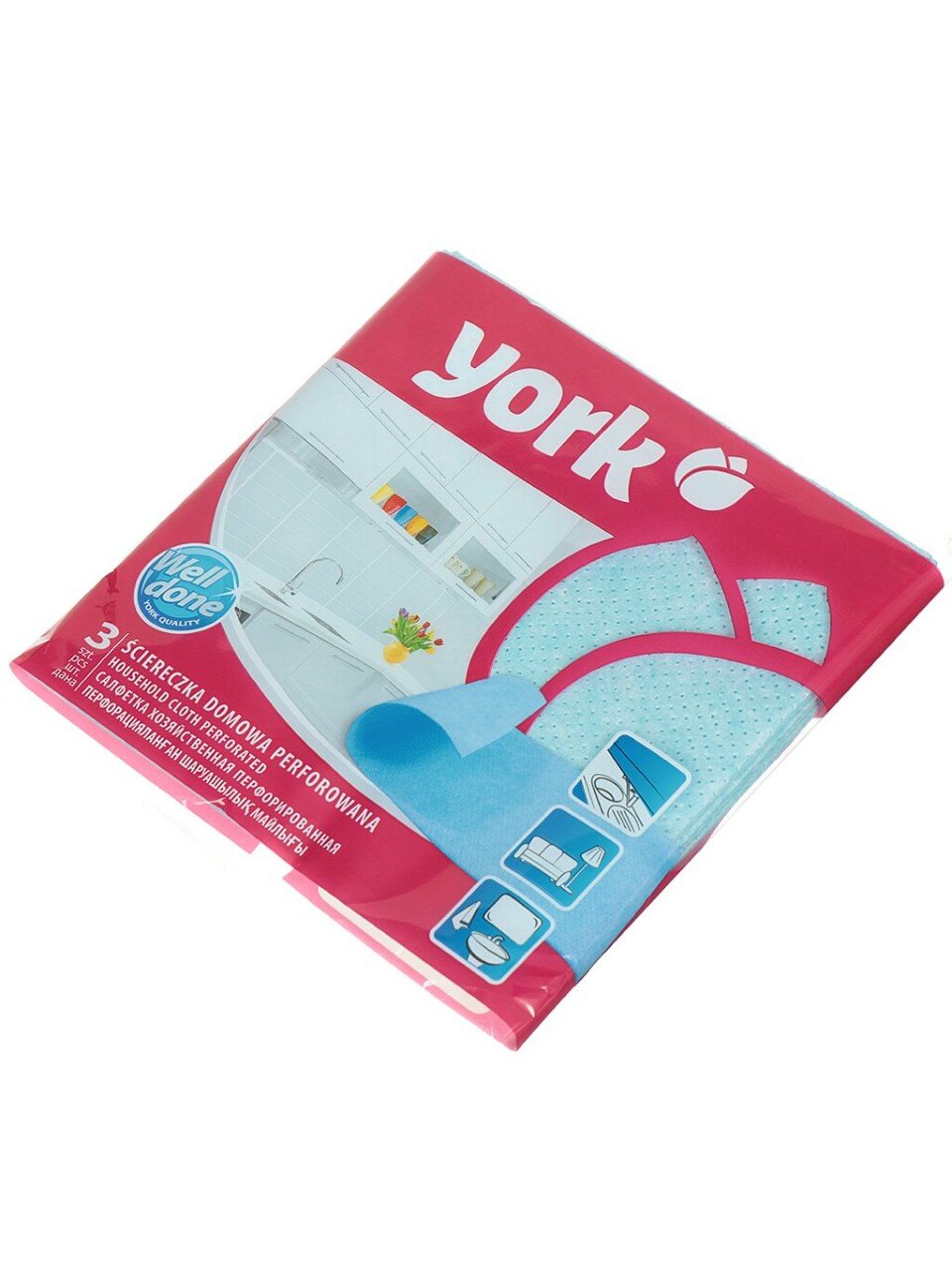 Салфетка бытовая для уборки, нетканый материал, 3 шт, перфорированная, в ассортименте, York, 020030