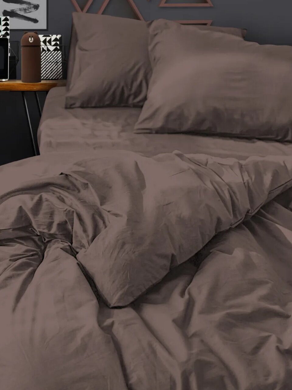 Постельное белье евро, простыня 216х240 см, 2 наволочки 70х70 см, 2 наволочки 50х70 см, пододеяльник 200х215 см, Silvano, поплин, Мокка