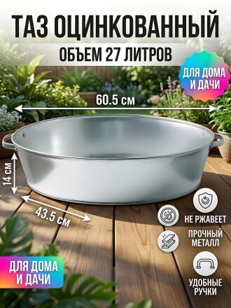 Таз металл, оцинкованный, 27 л, овальный, с ручкой, Шуйская посуда