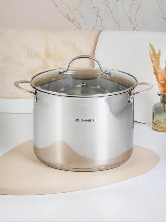 Кастрюля нержавеющая сталь, 8 л, крышка стекло, Daniks, Профессионал, GS-01338-24HCA, индукция
