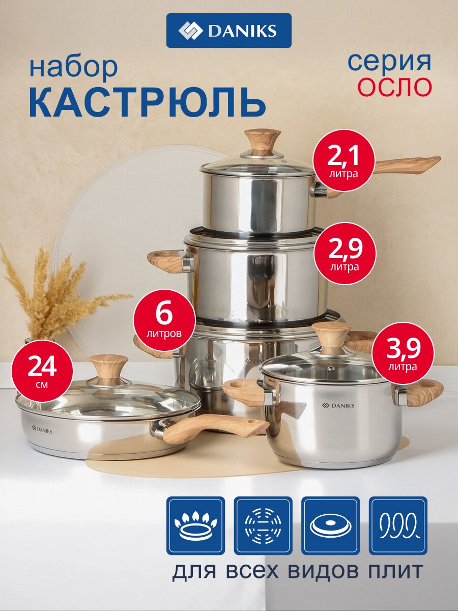 Набор посуды нержавеющая сталь, 10 предметов, кастрюли 2.9,3.9,6 л, ковш 2.1 л, сковорода 24 см, индукция, Daniks, Осло, GS-01147-10PC